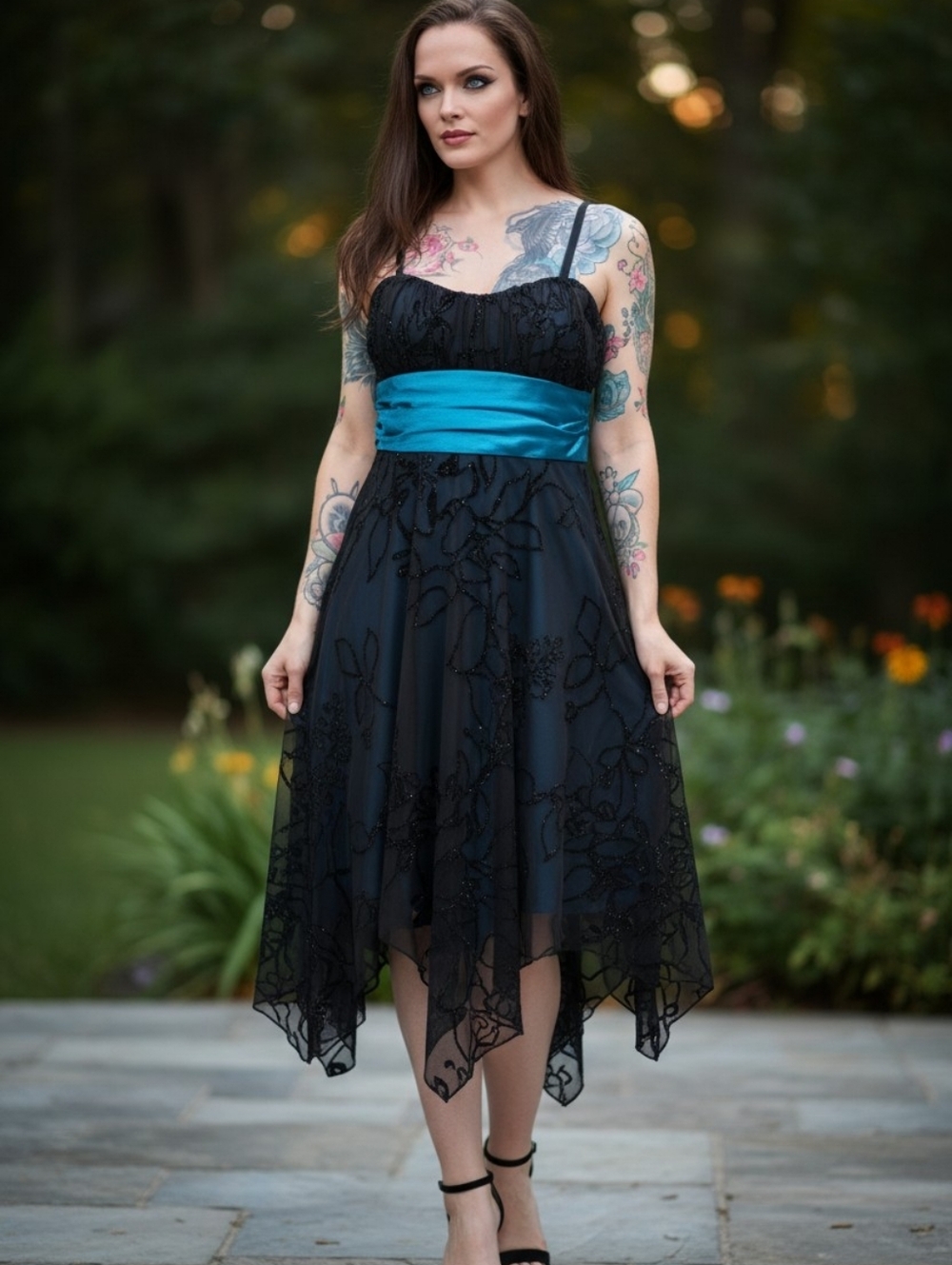 Speechless ✦ Black Teal Glitter Floral Handkerchief Dress ✦ Tie Back XS